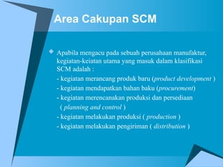 Area Cakupan SCM
 Apabila mengacu pada sebuah perusahaan manufaktur,
kegiatan-keiatan utama yang masuk dalam klasifikasi
SCM adalah :
- kegiatan merancang produk baru (product development )
- kegiatan mendapatkan bahan baku (procurement)
- kegiatan merencanakan produksi dan persediaan
( planning and control )
- kegiatan melakukan produksi ( production )
- kegiatan melakukan pengiriman ( distribution )
 