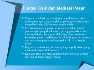 Fungsi Fisik dan Mediasi Pasar
 Kegiatan mediasi pasar bertujuan untuk mencari titik
temu antara apa yang diinginkan pelanggan dengan apa
yang dibuat dan dikirim oleh supply chain.
 Melakukan survey pasar untuk mendapatkan model
produk apda yang disukai oleh pelanggan pada suatu
musim jual, merancang produk yang mencerminkan
keinginan pasar tersebut, meramalkan tingkat permintaan
dan pelayanan purna jual merupakan aktivitas media
pasar.
 Kegiatan mediasi sangat penting bagi supply chain yang
memproduksi produk inovatif.
 Kegiatan fisik dan mediasi pasar harus berjalan dengan
sinergis di dalam supply chain.
 