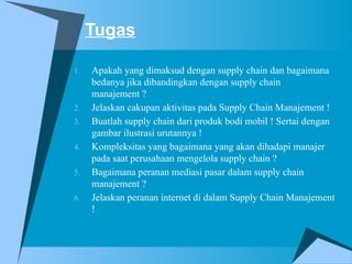 Tugas
1. Apakah yang dimaksud dengan supply chain dan bagaimana
bedanya jika dibandingkan dengan supply chain
manajement ?
2. Jelaskan cakupan aktivitas pada Supply Chain Manajement !
3. Buatlah supply chain dari produk bodi mobil ! Sertai dengan
gambar ilustrasi urutannya !
4. Kompleksitas yang bagaimana yang akan dihadapi manajer
pada saat perusahaan mengelola supply chain ?
5. Bagaimana peranan mediasi pasar dalam supply chain
manajement ?
6. Jelaskan peranan internet di dalam Supply Chain Manajement
!
 