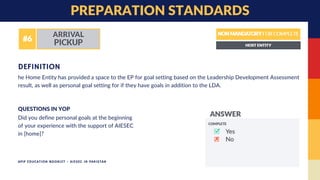 PREPARATION STANDARDS
he Home Entity has provided a space to the EP for goal setting based on the Leadership Development Assessment
result, as well as personal goal setting for if they have goals in addition to the LDA.
DEFINITION
Did you define personal goals at the beginning
of your experience with the support of AIESEC
in [home]?
QUESTIONS IN YOP
APIP EDUCATION BOOKLET - AIESEC IN PAKISTAN
 