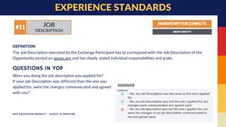EXPERIENCE STANDARDS
The Job Description executed by the Exchange Participant has to correspond with the Job Description of the
Opportunity posted on aiesec.org and has clearly stated individual responsibilities and goals.
DEFINITION
Were you doing the job description you applied for?
If your job Description was different than the one you
applied for, were the changes communicated and agreed
with you?
QUESTIONS IN YOP
APIP EDUCATION BOOKLET - AIESEC IN PAKISTAN
 