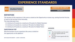 A minimum of 6 weeks to a maximum of 8 weeks for Global Volunteer
A minimum of 6 weeks to a maximum 78 weeks for Global Talent
A minimum of 9 weeks to a maximum 78 weeks for Global Talent
The duration of the experience is the same as stated on the Opportunity on aiesec.org, starting from the first day
of work to the last day of the internship.
The internship lasts from:
DEFINITION
EXPERIENCE STANDARDS
Was the duration of your experience the same as stated on
the opportunity on the platform?
QUESTIONS IN YOP
APIP EDUCATION BOOKLET - AIESEC IN PAKISTAN
 