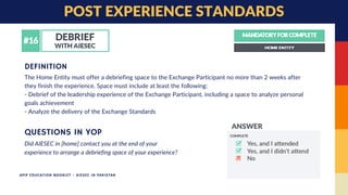 POST EXPERIENCE STANDARDS
The Home Entity must offer a debriefing space to the Exchange Participant no more than 2 weeks after
they finish the experience. Space must include at least the following:
- Debrief of the leadership experience of the Exchange Participant, including a space to analyze personal
goals achievement
- Analyze the delivery of the Exchange Standards
DEFINITION
Did AIESEC in [home] contact you at the end of your
experience to arrange a debriefing space of your experience?
QUESTIONS IN YOP
APIP EDUCATION BOOKLET - AIESEC IN PAKISTAN
 