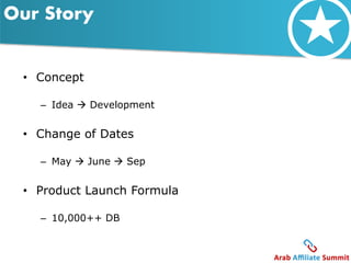 Our Story 
• Concept 
– Idea  Development 
• Change of Dates 
– May  June  Sep 
• Product Launch Formula 
– 10,000++ DB 
 
