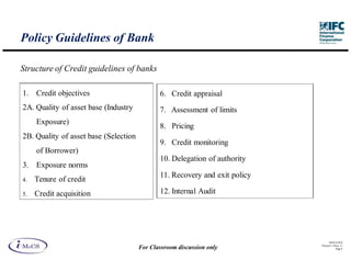 Policy Guidelines of Bank

Structure of Credit guidelines of banks

1. Credit objectives                          6. Credit appraisal
2A. Quality of asset base (Industry           7. Assessment of limits
     Exposure)
                                              8. Pricing
2B. Quality of asset base (Selection
                                              9. Credit monitoring
     of Borrower)
                                              10. Delegation of authority
3. Exposure norms
                                              11. Recovery and exit policy
4.   Tenure of credit
5.   Credit acquisition                       12. Internal Audit




                                                                                   IM aCS 2010
                                                                             Printed 11-M ay-11
                                       For Classroom discussion only                     Page 8
 