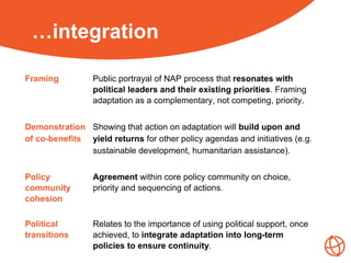 …integration
Framing Public portrayal of NAP process that resonates with
political leaders and their existing priorities. Framing
adaptation as a complementary, not competing, priority.
Demonstration
of co-benefits
Showing that action on adaptation will build upon and
yield returns for other policy agendas and initiatives (e.g.
sustainable development, humanitarian assistance).
Policy
community
cohesion
Agreement within core policy community on choice,
priority and sequencing of actions.
Political
transitions
Relates to the importance of using political support, once
achieved, to integrate adaptation into long-term
policies to ensure continuity.
 