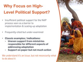 Why Focus on High-
Level Political Support?
• Insufficient political support for the NAP
process seen as a barrier to
impl...