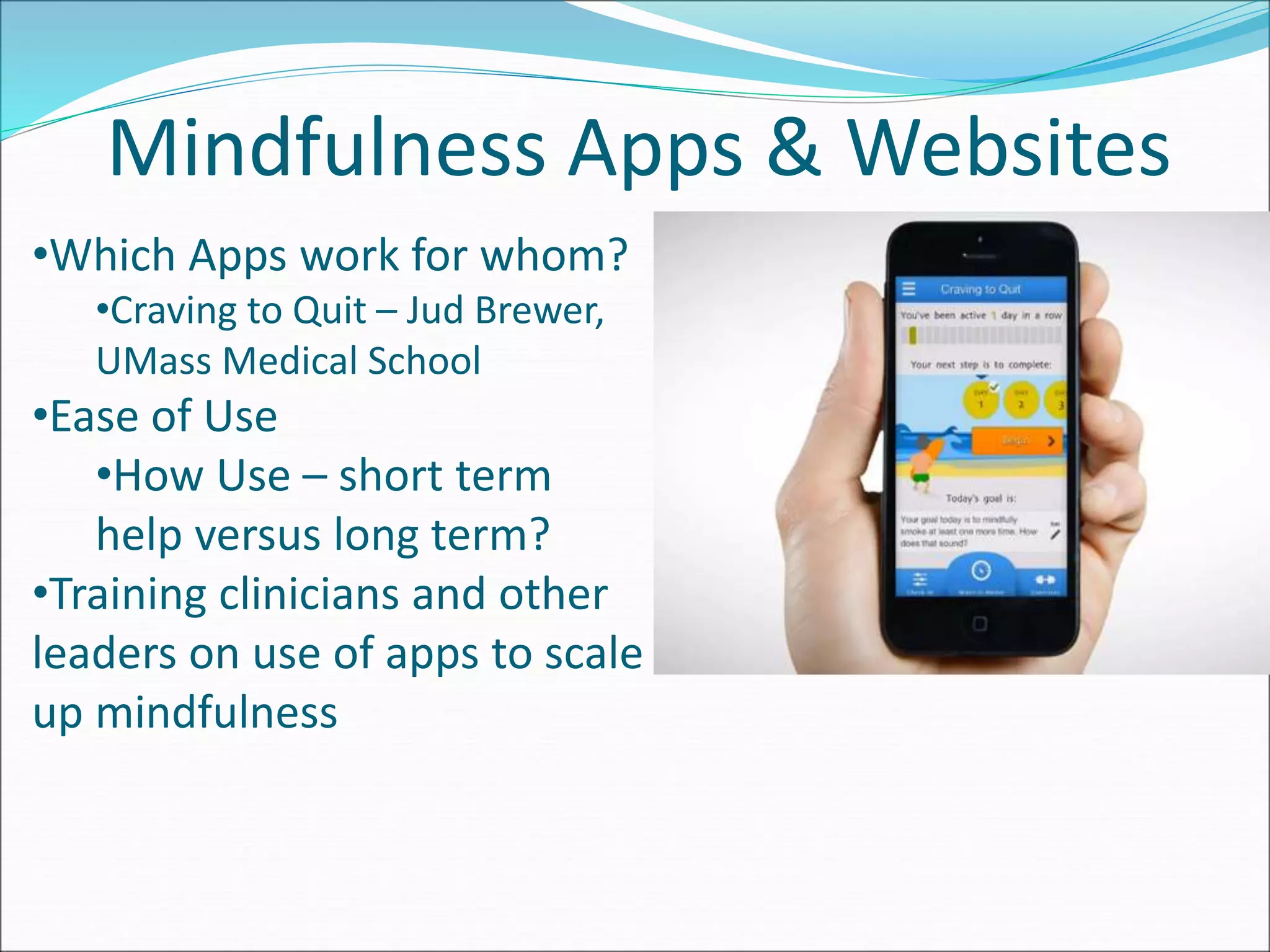 Mindfulness Apps & Websites 
•Which Apps work for whom? 
•Craving to Quit – Jud Brewer, 
UMass Medical School 
•Ease of Use 
•How Use – short term 
help versus long term? 
•Training clinicians and other 
leaders on use of apps to scale 
up mindfulness 
 