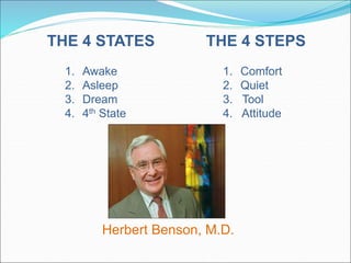 THE 4 STEPS 
1. Comfort 
2. Quiet 
3. Tool 
4. Attitude 
THE 4 STATES 
1. Awake 
2. Asleep 
3. Dream 
4. 4th State 
Herbert Benson, M.D. 
 