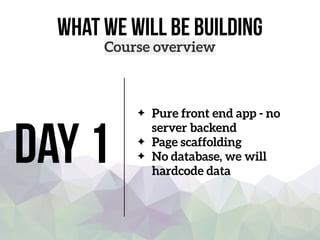 what we will be building
Course overview
Day 1
Pure front end app - no
server backend
Page scaffolding
No database, we will
hardcode data
 