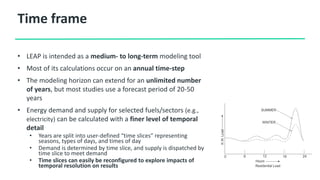 Time frame
• LEAP is intended as a medium- to long-term modeling tool
• Most of its calculations occur on an annual time-step
• The modeling horizon can extend for an unlimited number
of years, but most studies use a forecast period of 20-50
years
• Energy demand and supply for selected fuels/sectors (e.g.,
electricity) can be calculated with a finer level of temporal
detail
• Years are split into user-defined “time slices” representing
seasons, types of days, and times of day
• Demand is determined by time slice, and supply is dispatched by
time slice to meet demand
• Time slices can easily be reconfigured to explore impacts of
temporal resolution on results
 