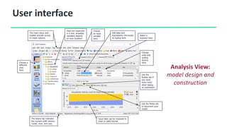 User interface
Choose a
different
view
here.
Input data can be reviewed in
chart or table format.
The status bar indicates
the current LEAP version,
model, view, and user.
The main menu and
toolbar provide access
to major options.
Select a
scenario here.
Choose
units and
scaling
factors
here.
Edit data and
expressions (formulas)
by typing here.
Data are organized
in a tree. Available
variables depend
on your location!
Analysis View:
model design and
construction
Choose
an input
variable
here.
Use the Notes tab
to document your
model.
Use the
Builder tab if
you need
more room
when typing
an expression.
 