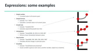 Expressions: some examples
• Simple number
• A constant value in all scenario years
• Simple formula
• Example: “0.1 * 5970”
• Calculates a constant value in all scenario years
• Growth rate
• Example: “Growth(3.2%)”
• Calculates exponential growth over time
• Interpolation
• Example: “Interp(2000, 40, 2010, 65, 2020, 80)”
• Performs linear interpolation between values
• Step function
• Example: “Step(2000, 300, 2005, 500, 2020, 700)”
• Calculates discrete changes in particular years
• GrowthAs
• Example: “GrowthAs(Income,elasticity)”
• Causes variable to grow at same rate as another variable, subject to an elasticity
 