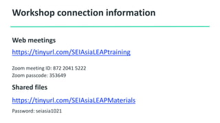 Workshop connection information
Web meetings
https://tinyurl.com/SEIAsiaLEAPtraining
Zoom meeting ID: 872 2041 5222
Zoom passcode: 353649
Shared files
https://tinyurl.com/SEIAsiaLEAPMaterials
Password: seiasia1021
 