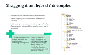 Disaggregation: hybrid / decoupled
• Baseline scenario forecast using top-down approach
• Bottom-up policy measures modeled in alternative
scenarios
• In LEAP, policy measures are entered as negative “wedges”
of consumption: subtracted from baseline energy use in
each sector
- Less data-intensive than
end-use approach, but
able to capture
technology-based policies
- Not a full end-use
model, so does not give
insights into how energy
system structure might
change in long-run
- Limited to situations
where measures are small
relative to baseline
 