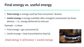 Final energy vs. useful energy
• Final energy is energy used by final consumers’ devices
• Useful energy is energy available after energetic conversions by those
devices – i.e., energy delivered to end-use
Example – a stove
• Final energy = gas consumed (J)
• Useful energy = heat transmitted to food (J)
𝑓𝑖𝑛𝑎𝑙 𝑒𝑛𝑒𝑟𝑔𝑦 × 𝑒𝑓𝑓𝑖𝑐𝑖𝑒𝑛𝑐𝑦 = 𝑢𝑠𝑒𝑓𝑢𝑙 𝑒𝑛𝑒𝑟𝑔𝑦
 