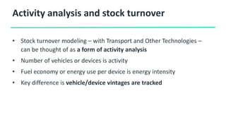 Activity analysis and stock turnover
• Stock turnover modeling – with Transport and Other Technologies –
can be thought of as a form of activity analysis
• Number of vehicles or devices is activity
• Fuel economy or energy use per device is energy intensity
• Key difference is vehicle/device vintages are tracked
 