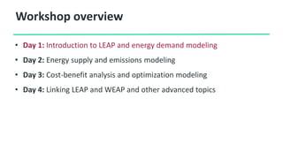 Workshop overview
• Day 1: Introduction to LEAP and energy demand modeling
• Day 2: Energy supply and emissions modeling
• Day 3: Cost-benefit analysis and optimization modeling
• Day 4: Linking LEAP and WEAP and other advanced topics
 