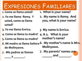 EXPRESIONES FAMILIARES
1. Como se llama usted?
2. Yo me llamo Remy. Y
usted, como se llama
usted?
3. Yo me llamo Enrico.
4. Como se llama tu madre?
5. Como se llama su madre?
6. Mi madre se llama Señora
de Molinyawe.
7. Mis padres se llaman
____ y _______.
1. What is your name?
2. My name is Remy. And
you, what is your name?
3 My name is Enrico.
4. & 5. What is your
mother’s name?
6. My mother’s name is Mrs.
Molinyawe.
7. My parents’ names are
______ and _______.
 