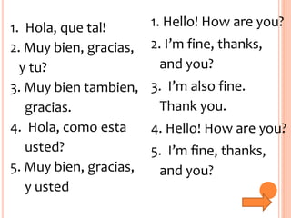 1. Hola, que tal!
2. Muy bien, gracias,
y tu?
3. Muy bien tambien,
gracias.
4. Hola, como esta
usted?
5. Muy bien, gracias,
y usted
1. Hello! How are you?
2. I’m fine, thanks,
and you?
3. I’m also fine.
Thank you.
4. Hello! How are you?
5. I’m fine, thanks,
and you?
 