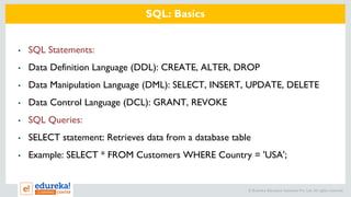 © Brain4ce Education Solutions Pvt. Ltd. All rights reserved.
SQL: Basics
▪ SQL Statements:
▪ Data Definition Language (DDL): CREATE, ALTER, DROP
▪ Data Manipulation Language (DML): SELECT, INSERT, UPDATE, DELETE
▪ Data Control Language (DCL): GRANT, REVOKE
▪ SQL Queries:
▪ SELECT statement: Retrieves data from a database table
▪ Example: SELECT * FROM Customers WHERE Country = 'USA';
 