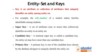 Entity-Set and Keys
• Key is an attribute or collection of attributes that uniquely
identifies an entity among entity set.
For example, the roll_number of a student makes him/her
identifiable among students.
Super Key − A set of attributes (one or more) that collectively
identifies an entity in an entity set.
•
•
• Candidate Key − A minimal super key is called a candidate key.
An entity set may have more than one candidate key.
• Primary Key − A primary key is one of the candidate keys chosen
by the database designer to uniquely identify the entity set.
 