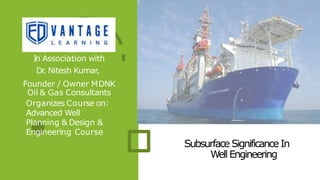 SubsurfaceSignificanceIn
WellEngineering
Organizes Course on:
Advanced Well
Planning & Design &
Engineering Course
I
n Association with
Dr
. Nitesh Kumar,
Founder / Owner MDNK
Oil & Gas Consultants
 
