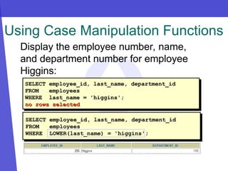 Using Case Manipulation Functions
Display the employee number, name,
and department number for employee
Higgins:
SELECT employee_id, last_name, department_id
FROM employees
WHERE last_name = 'higgins';
no rows selected
no rows selected
SELECT employee_id, last_name, department_id
FROM employees
WHERE LOWER(last_name) = 'higgins';
 