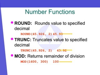 Number Functions
 ROUND: Rounds value to specified
decimal
ROUND(45.926, 2)45.93
 TRUNC: Truncates value to specified
decimal
TRUNC(45.926, 2) 45.92
 MOD: Returns remainder of division
MOD(1600, 300) 100
 