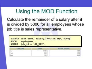 SELECT last_name, salary, MOD(salary, 5000)
FROM employees
WHERE job_id = 'SA_REP';
Using the MOD Function
Calculate the remainder of a salary after it
is divided by 5000 for all employees whose
job title is sales representative.
 