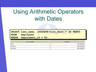 Using Arithmetic Operators
with Dates
SELECT last_name, (SYSDATE-hire_date)/7 AS WEEKS
FROM employees
WHERE department_id = 90;
 