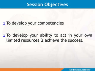 Session Objectives
 To develop your competencies
 To develop your ability to act in your own
limited resources & achieve the success.
 