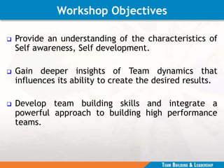 Workshop Objectives
 Provide an understanding of the characteristics of
Self awareness, Self development.
 Gain deeper insights of Team dynamics that
influences its ability to create the desired results.
 Develop team building skills and integrate a
powerful approach to building high performance
teams.
 
