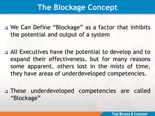 The Blockage Concept
 We Can Define “Blockage” as a factor that inhibits
the potential and output of a system
 All Executives have the potential to develop and to
expand their effectiveness, but for many reasons
some apparent, others lost in the mists of time,
they have areas of underdeveloped competencies.
 These underdeveloped competencies are called
“Blockage”
 