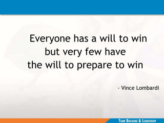 Everyone has a will to win
but very few have
the will to prepare to win
- Vince Lombardi
 