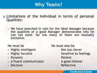 Why Teams?
 Limitations of the Individual in terms of personal
Qualities:
 We have searched in vain for the ideal Manager because
the qualities of a good Manager demonstrates why he
can not exist- far too many of them are mutually
exclusive.
He must be He must also be
 Highly intelligent Not too clever
 Highly forceful Sensitive to feelings
 Dynamic Patient
 A fluent communicator A good listener
 Decisive Reflective
 