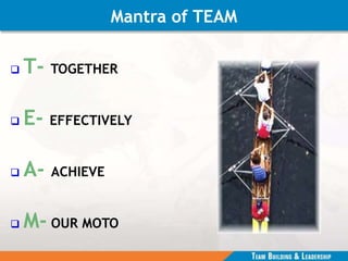 Mantra of TEAM
 T- TOGETHER
 E- EFFECTIVELY
 A- ACHIEVE
 M- OUR MOTO
 