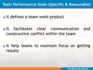 Team Performance Goals (Specific & Measurable)
 It defines a team work-product
 It facilitates clear communication and
constructive conflict within the team
 It help teams to maintain focus on getting
results
 