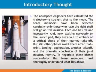 Introductory Thought
 The aerospace engineers have calculated the
trajectory—a straight shot to the moon. The
team members have been selected
carefully—only those who have the right stuff
will go on this mission. Each one has trained
incessantly. And, now, waiting nervously on
the launch pad, they are about to embark on
a critical phase of their journey—take-off.
But still other phases await them after that—
orbit, landing, exploration, another takeoff,
and the dramatic conclusion of their joint
mission, reentry. To negotiate these phases
successfully, the team members must
thoroughly understand what lies ahead.
 
