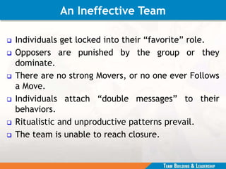 An Ineffective Team
 Individuals get locked into their “favorite” role.
 Opposers are punished by the group or they
dominate.
 There are no strong Movers, or no one ever Follows
a Move.
 Individuals attach “double messages” to their
behaviors.
 Ritualistic and unproductive patterns prevail.
 The team is unable to reach closure.
 