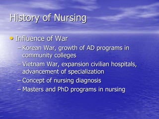 History of Nursing
• Influence of War
– Korean War, growth of AD programs in
community colleges
– Vietnam War, expansion civilian hospitals,
advancement of specialization
– Concept of nursing diagnosis
– Masters and PhD programs in nursing
 