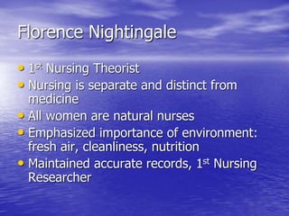 Florence Nightingale
• 1st Nursing Theorist
• Nursing is separate and distinct from
medicine
• All women are natural nurses
• Emphasized importance of environment:
fresh air, cleanliness, nutrition
• Maintained accurate records, 1st Nursing
Researcher
 