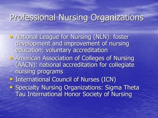 Professional Nursing Organizations
• National League for Nursing (NLN): foster
development and improvement of nursing
education; voluntary accreditation
• American Association of Colleges of Nursing
(AACN): national accreditation for collegiate
nursing programs
• International Council of Nurses (ICN)
• Specialty Nursing Organizations: Sigma Theta
Tau International Honor Society of Nursing
 