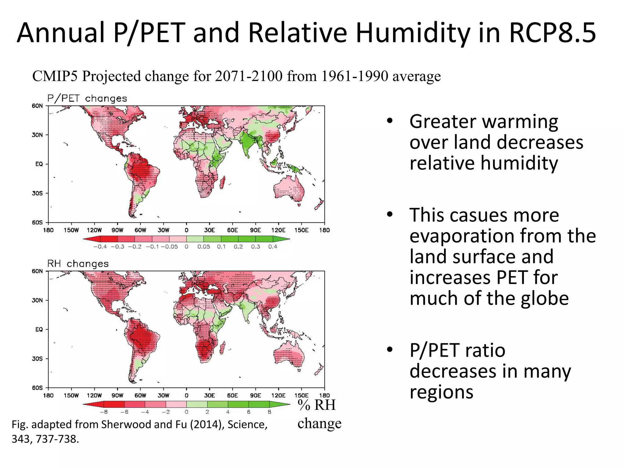 Annual P/PET and Relative Humidity in RCP8.5
• Greater warming
over land decreases
relative humidity
• This casues more
evaporation from the
land surface and
increases PET for
much of the globe
• P/PET ratio
decreases in many
regions
% RH
change
CMIP5 Projected change for 2071-2100 from 1961-1990 average
Fig. adapted from Sherwood and Fu (2014), Science,
343, 737-738.
 