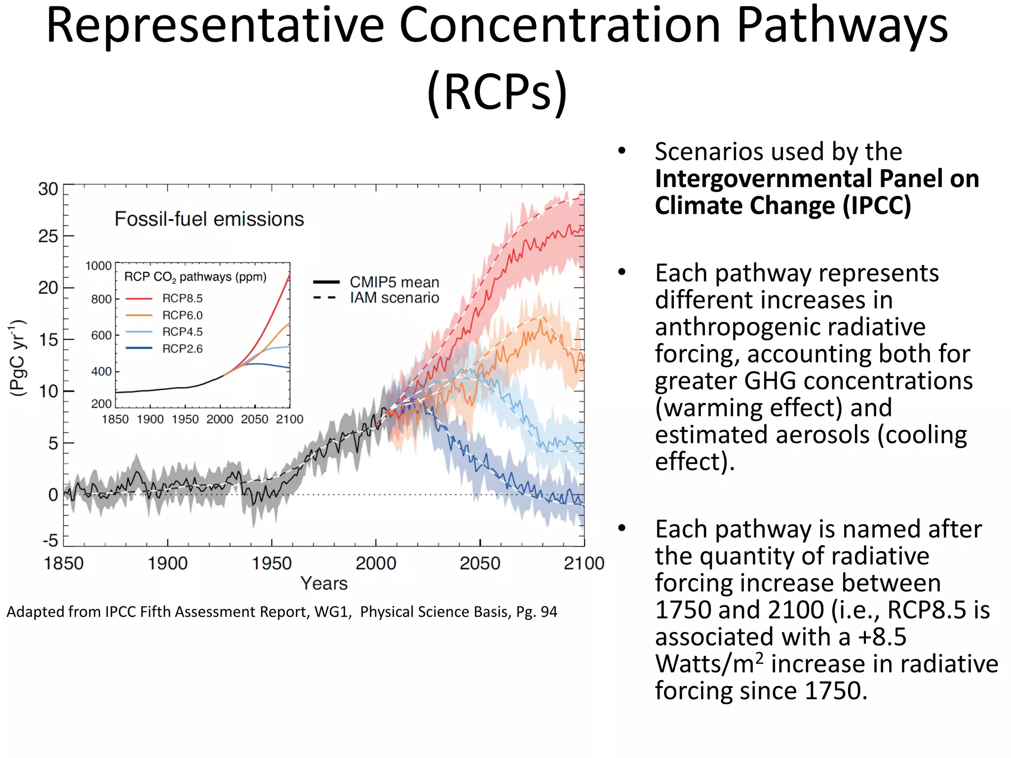 Representative Concentration Pathways
(RCPs)
• Scenarios used by the
Intergovernmental Panel on
Climate Change (IPCC)
• Each pathway represents
different increases in
anthropogenic radiative
forcing, accounting both for
greater GHG concentrations
(warming effect) and
estimated aerosols (cooling
effect).
• Each pathway is named after
the quantity of radiative
forcing increase between
1750 and 2100 (i.e., RCP8.5 is
associated with a +8.5
Watts/m2 increase in radiative
forcing since 1750.
Adapted from IPCC Fifth Assessment Report, WG1, Physical Science Basis, Pg. 94
 