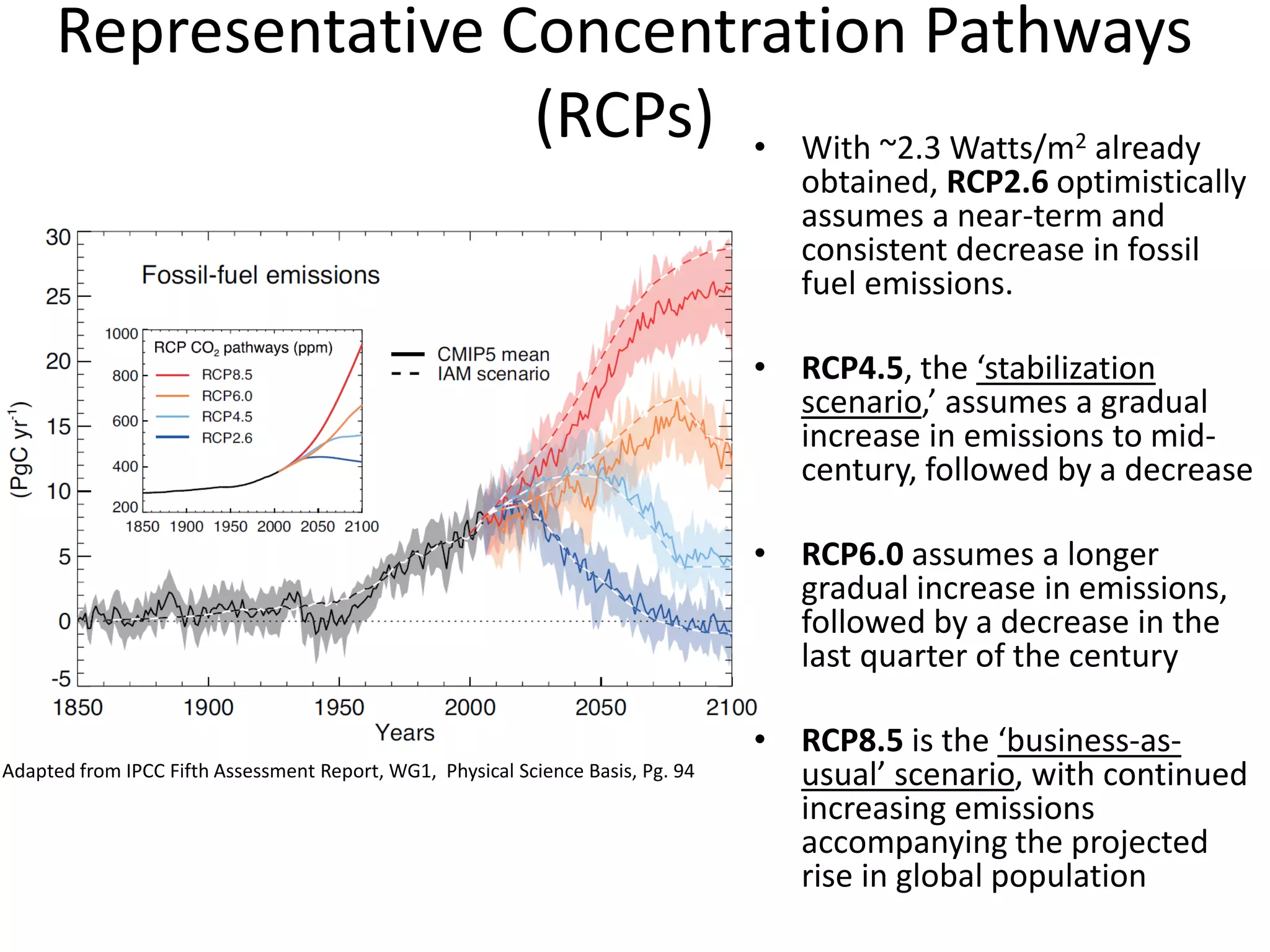 Representative Concentration Pathways
(RCPs) • With ~2.3 Watts/m2 already
obtained, RCP2.6 optimistically
assumes a near-term and
consistent decrease in fossil
fuel emissions.
• RCP4.5, the ‘stabilization
scenario,’ assumes a gradual
increase in emissions to mid-
century, followed by a decrease
• RCP6.0 assumes a longer
gradual increase in emissions,
followed by a decrease in the
last quarter of the century
• RCP8.5 is the ‘business-as-
usual’ scenario, with continued
increasing emissions
accompanying the projected
rise in global population
Adapted from IPCC Fifth Assessment Report, WG1, Physical Science Basis, Pg. 94
 