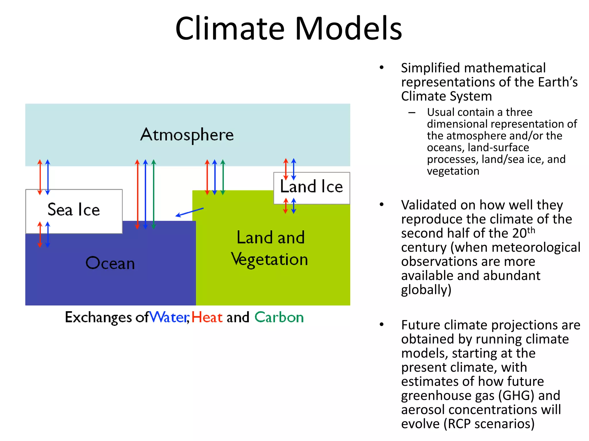 Climate Models
• Simplified mathematical
representations of the Earth’s
Climate System
– Usual contain a three
dimensional representation of
the atmosphere and/or the
oceans, land-surface
processes, land/sea ice, and
vegetation
• Validated on how well they
reproduce the climate of the
second half of the 20th
century (when meteorological
observations are more
available and abundant
globally)
• Future climate projections are
obtained by running climate
models, starting at the
present climate, with
estimates of how future
greenhouse gas (GHG) and
aerosol concentrations will
evolve (RCP scenarios)
 