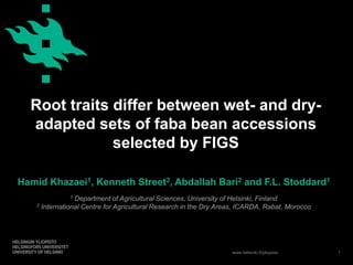 www.helsinki.fi/yliopisto
Root traits differ between wet- and dry-
adapted sets of faba bean accessions
selected by FIGS
Hamid Khazaei1, Kenneth Street2, Abdallah Bari2 and F.L. Stoddard1
1
1 Department of Agricultural Sciences, University of Helsinki, Finland
2 International Centre for Agricultural Research in the Dry Areas, ICARDA, Rabat, Morocco
 