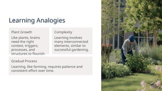 Learning Analogies
Plant Growth
Like plants, brains
need the right
context, triggers,
processes, and
structures to flourish.
Complexity
Learning involves
many interconnected
elements, similar to
successful gardening.
Gradual Process
Learning, like farming, requires patience and
consistent effort over time.
 