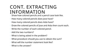 CONT. EXTRACTING
INFORMATION
o Show how colored pencils and a pencil case look like.
o How many colored pencils does Jose have?
o How many colored pencils does Aida have?
o Draw the colored pencils of Jose and Aida then count each.
o Write the number of each colored pencil.
o Add the two numbers?
o What is being asked in the problem?
o What procedure should you use to obtain the sum?
o What will the number statement look like?
o What is the answer?
 
